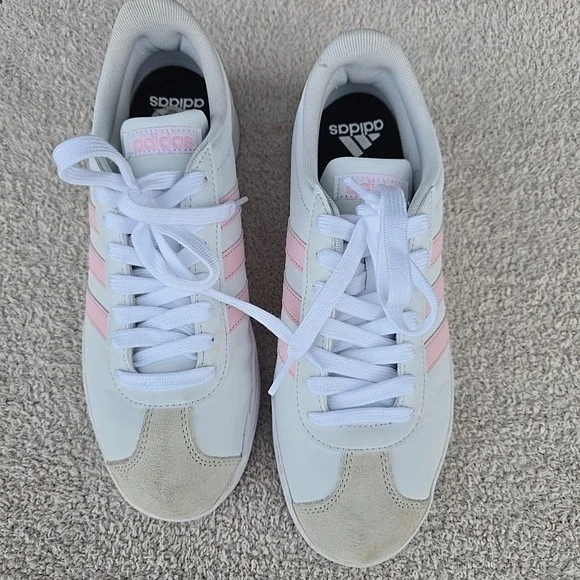 Adidas VL Court Based Shoes Sneakers White With Pink Stripes Women's Sz 9.5 - Picture 13 of 15